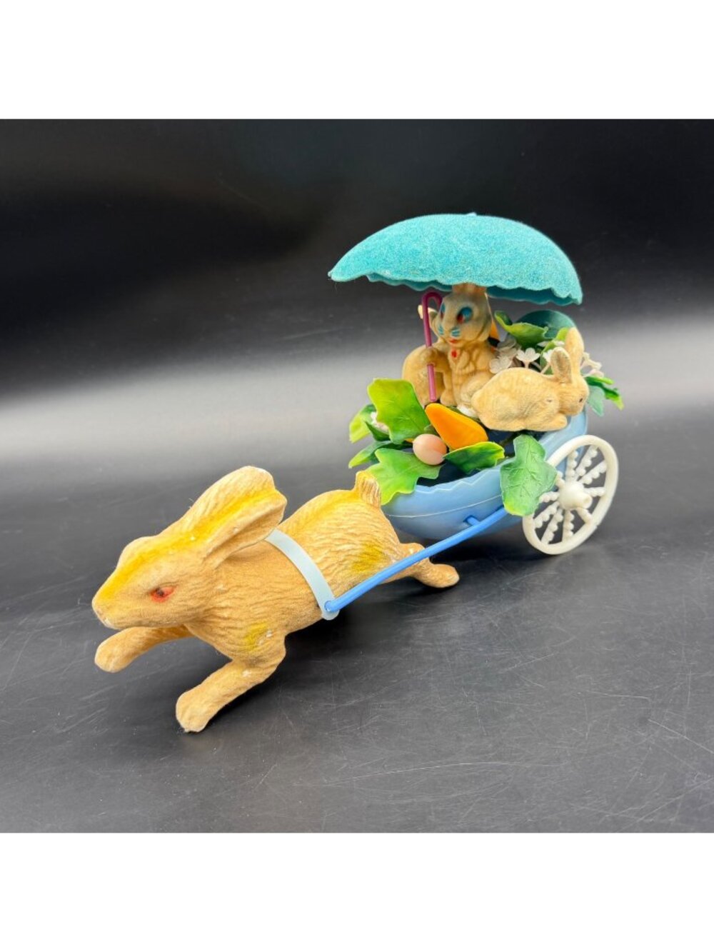 Easter Bunny Egg Cart Blue Plastic Blow Mold Flocked Mid Century Kitsch Decor
